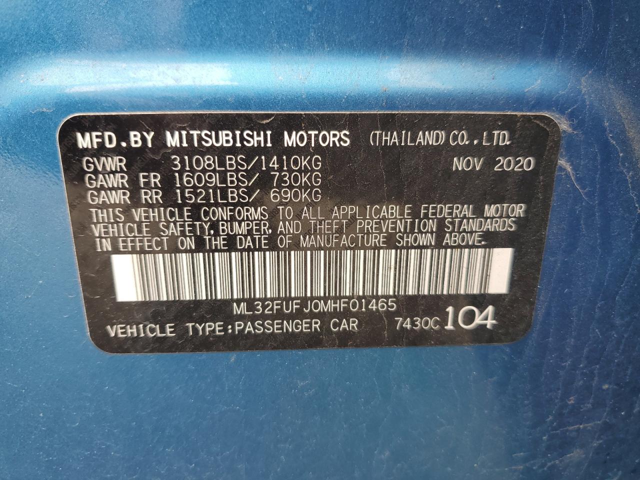 2021 Mitsubishi Mirage G4 Es VIN: ML32FUFJ0MHF01465 Lot: 56959915