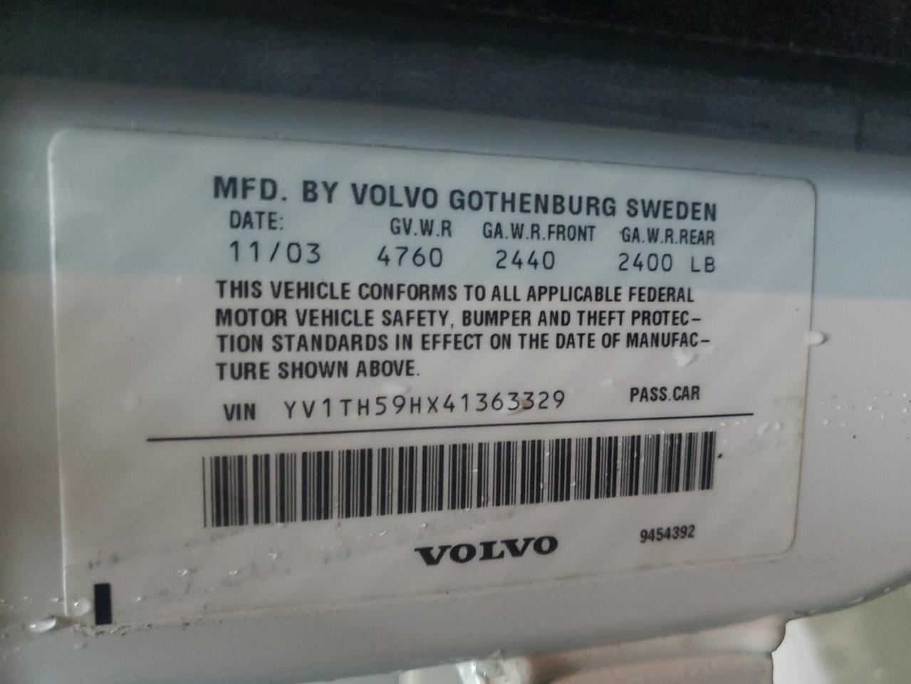 2004 Volvo S80 2.5T VIN: YV1TH59HX41363329 Lot: 56839365