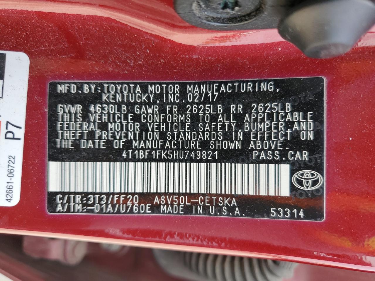 2017 Toyota Camry Le VIN: 4T1BF1FK5HU749821 Lot: 57344135
