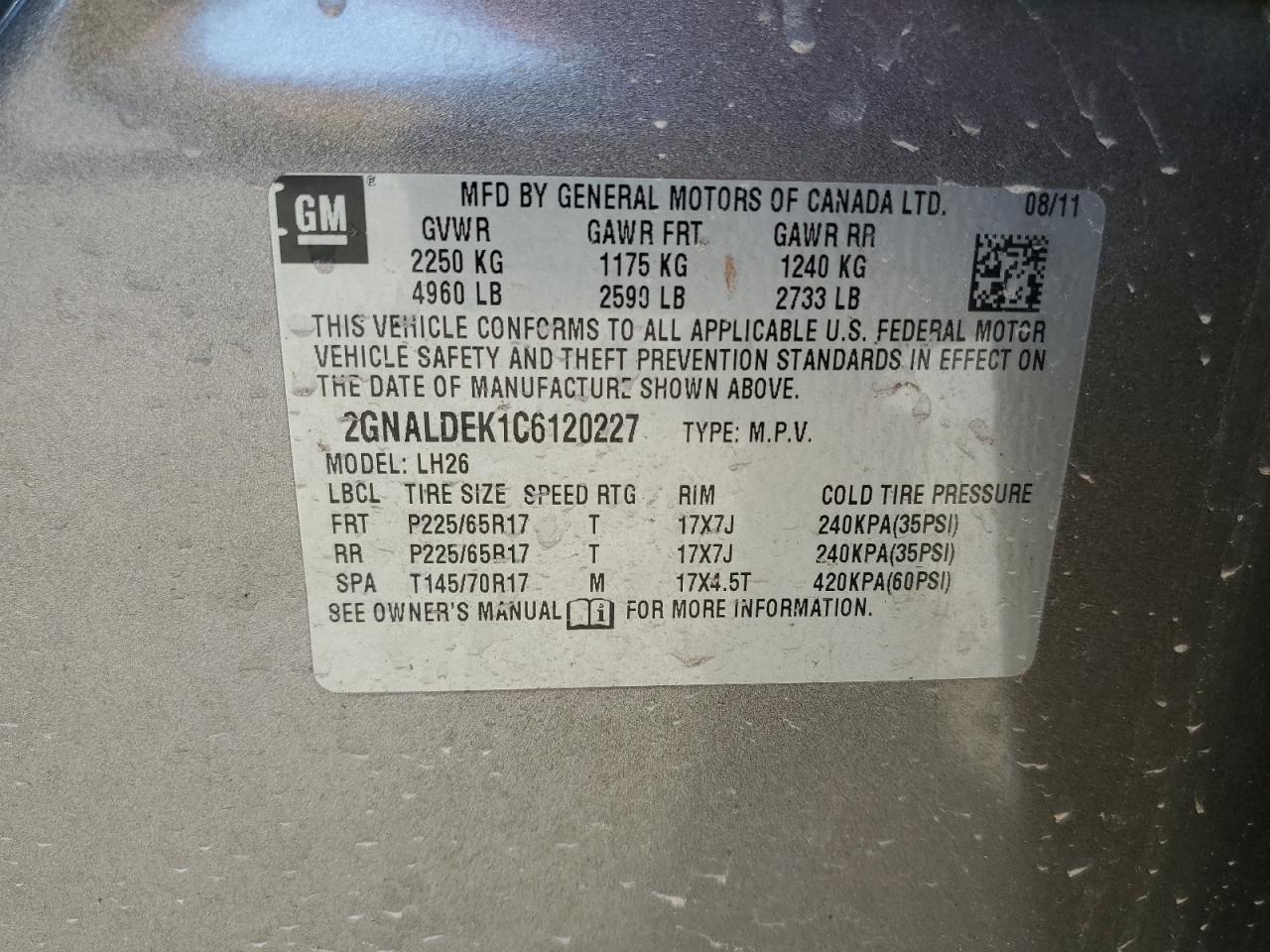 2012 Chevrolet Equinox Lt VIN: 2GNALDEK1C6120227 Lot: 53906915