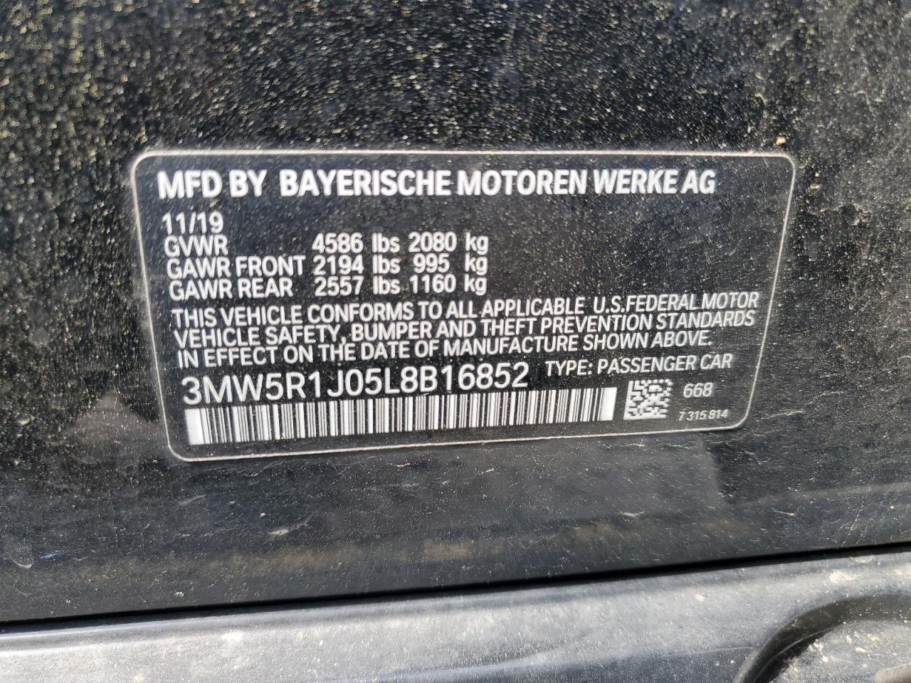 2020 BMW 330I VIN: 3MW5R1J05L8B16852 Lot: 56912105