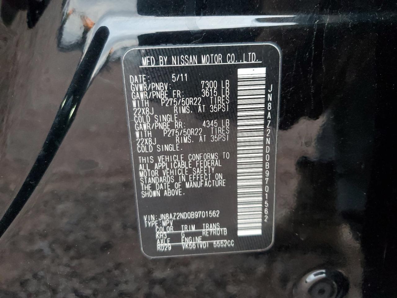 2011 Infiniti Qx56 VIN: JN8AZ2ND0B9701562 Lot: 56006225