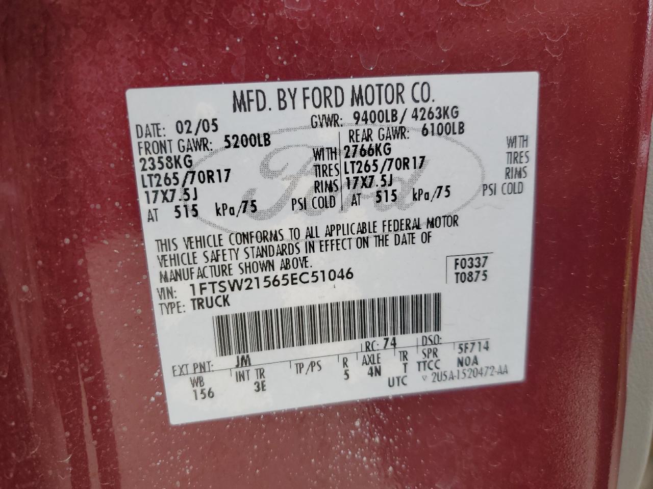 2005 Ford F250 Super Duty VIN: 1FTSW21565EC51046 Lot: 56718045