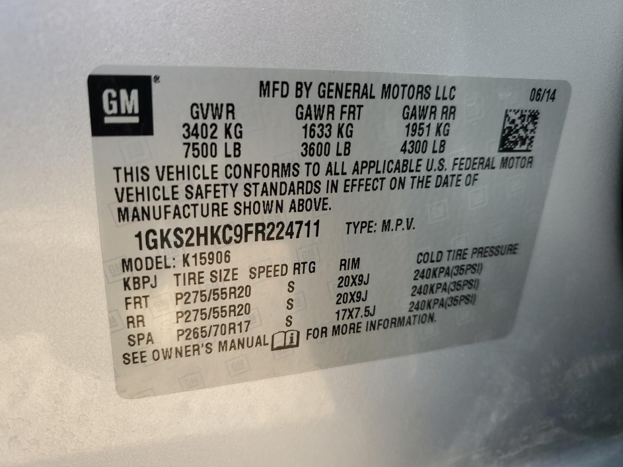2015 GMC Yukon Xl K1500 Slt VIN: 1GKS2HKC9FR224711 Lot: 57056365