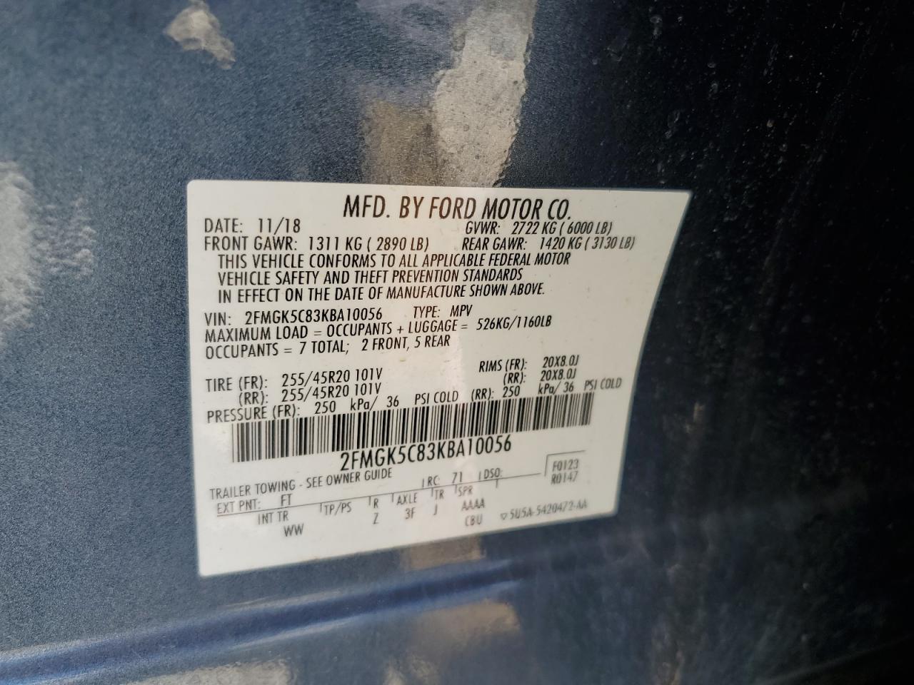 2019 Ford Flex Sel VIN: 2FMGK5C83KBA10056 Lot: 56731905