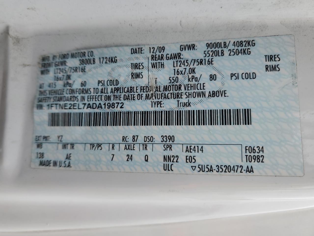 2010 Ford Econoline E250 Van VIN: 1FTNE2EL7ADA19872 Lot: 58049105