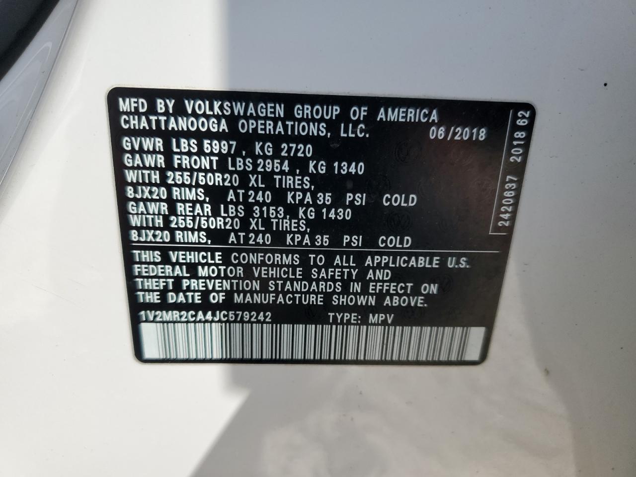 2018 Volkswagen Atlas Sel VIN: 1V2MR2CA4JC579242 Lot: 56152485