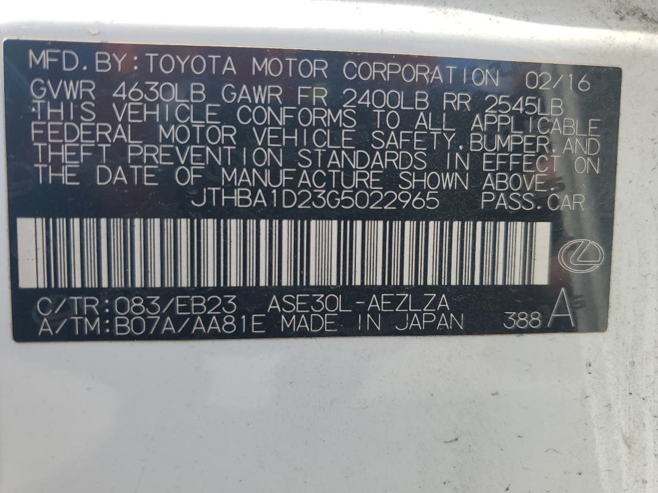2016 Lexus Is 200T VIN: JTHBA1D23G5022965 Lot: 56486935