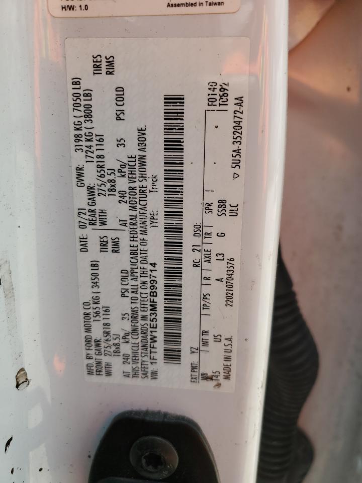 2021 Ford F150 Supercrew VIN: 1FTFW1E53MFB99714 Lot: 57122545