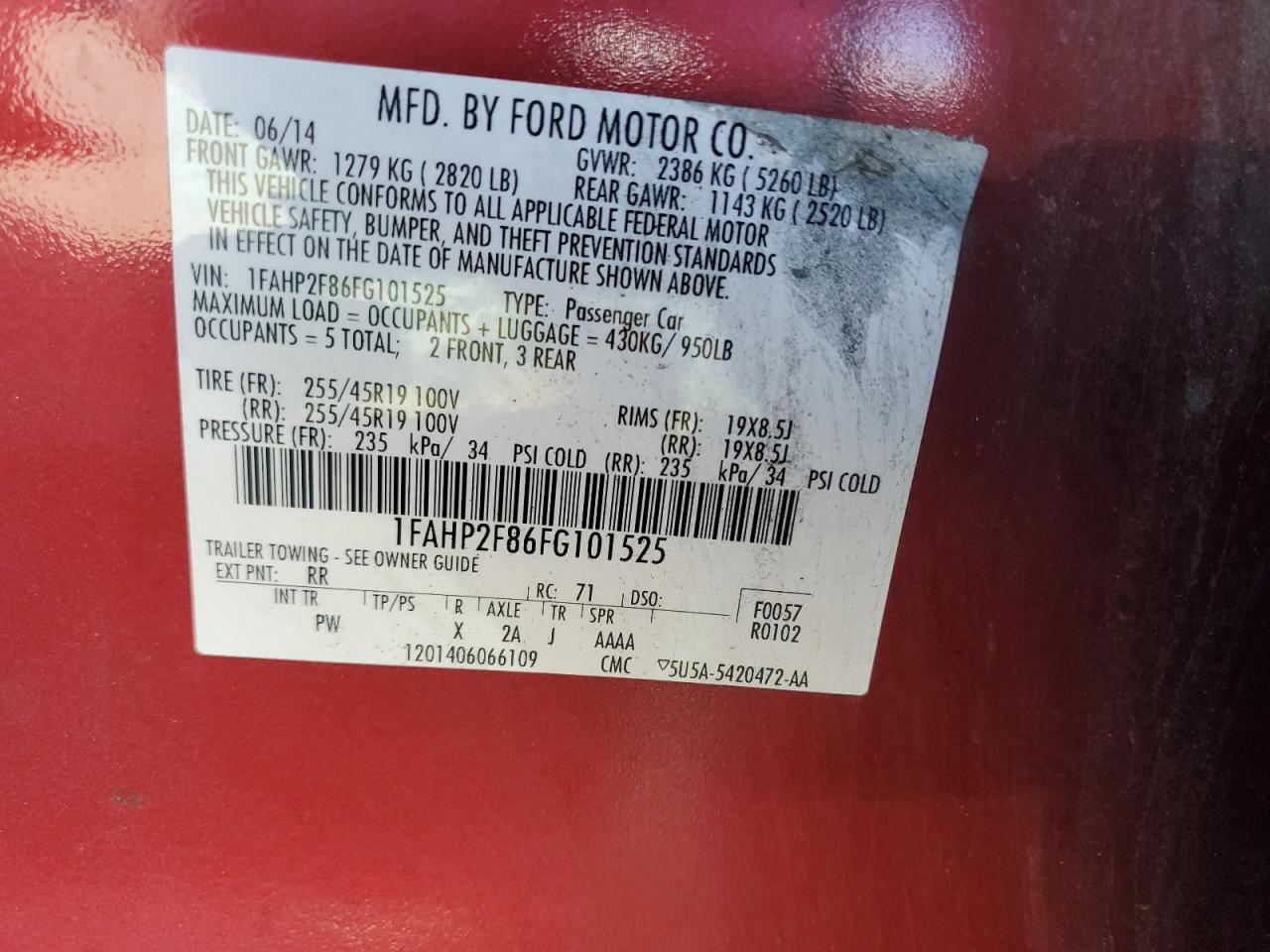 2015 Ford Taurus Limited VIN: 1FAHP2F86FG101525 Lot: 58062345