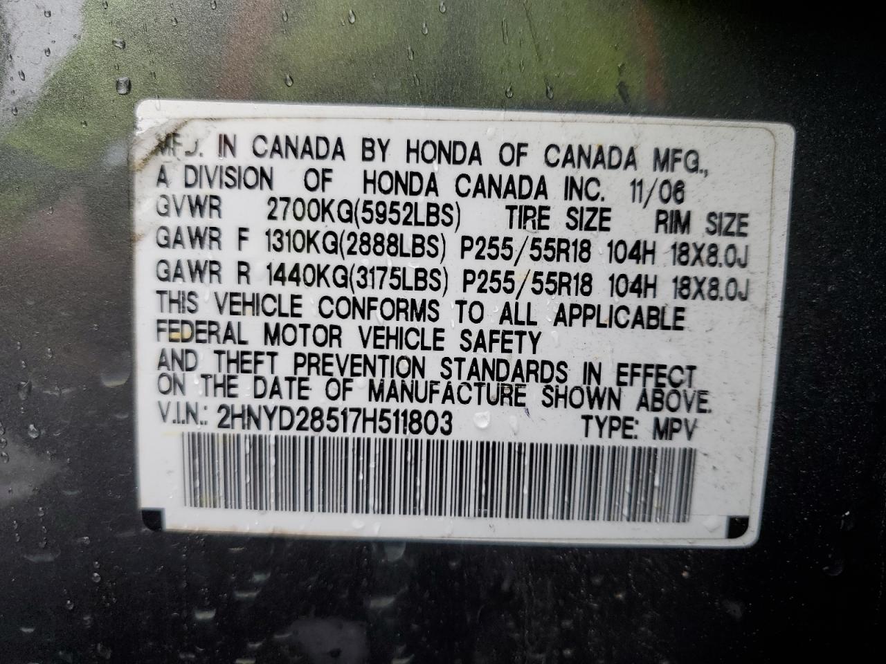 2007 Acura Mdx Sport VIN: 2HNYD28517H511803 Lot: 69545555