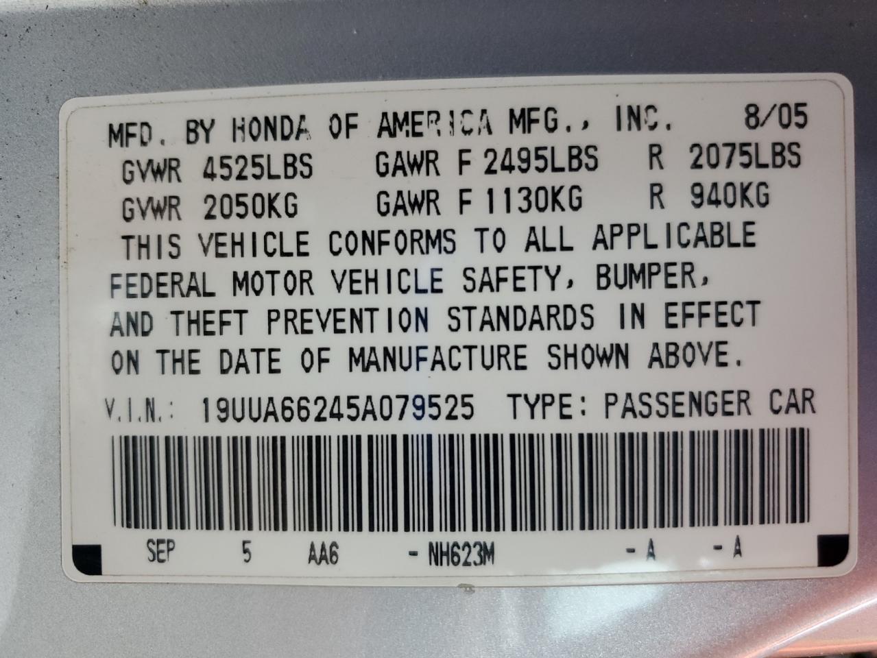2005 Acura Tl VIN: 19UUA66245A079525 Lot: 56552755