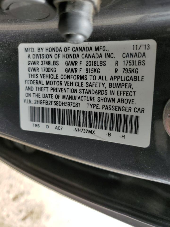 2013 Honda Civic Lx VIN: 2HGFB2F58DH597081 Lot: 57062735