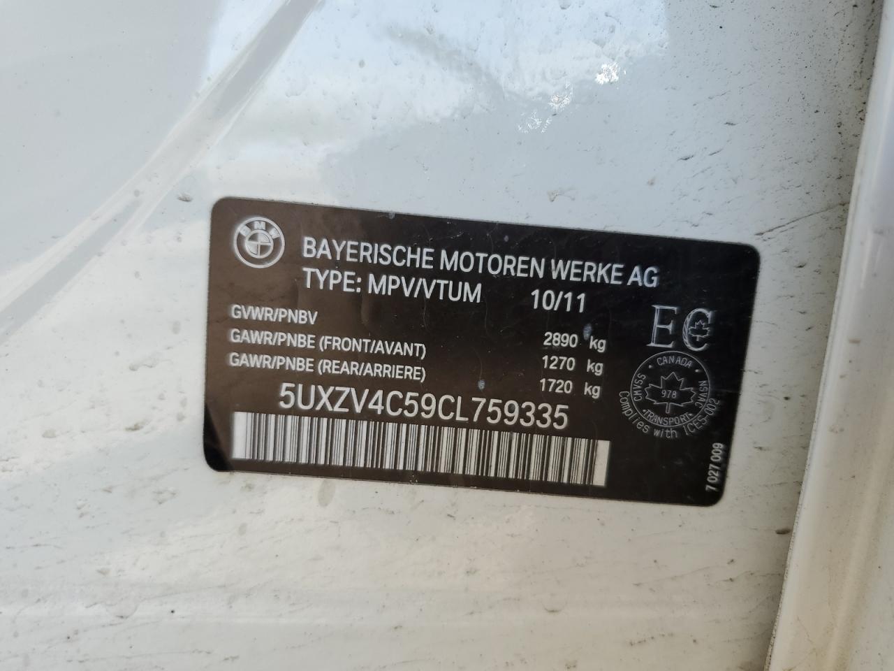2012 BMW X5 xDrive35I VIN: 5UXZV4C59CL759335 Lot: 57055065