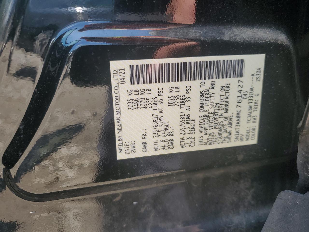 2021 Nissan Rogue S VIN: 5N1AT3AA8MC761427 Lot: 57148145