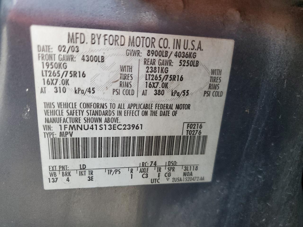 2003 Ford Excursion Xlt VIN: 1FMNU41S13EC23961 Lot: 56982865