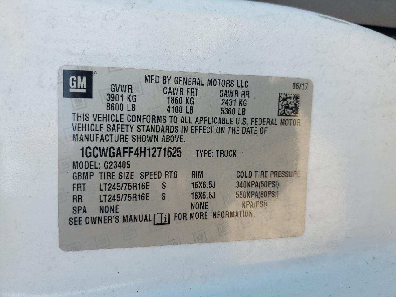 2017 Chevrolet Express G2500 VIN: 1GCWGAFF4H1271625 Lot: 58048295