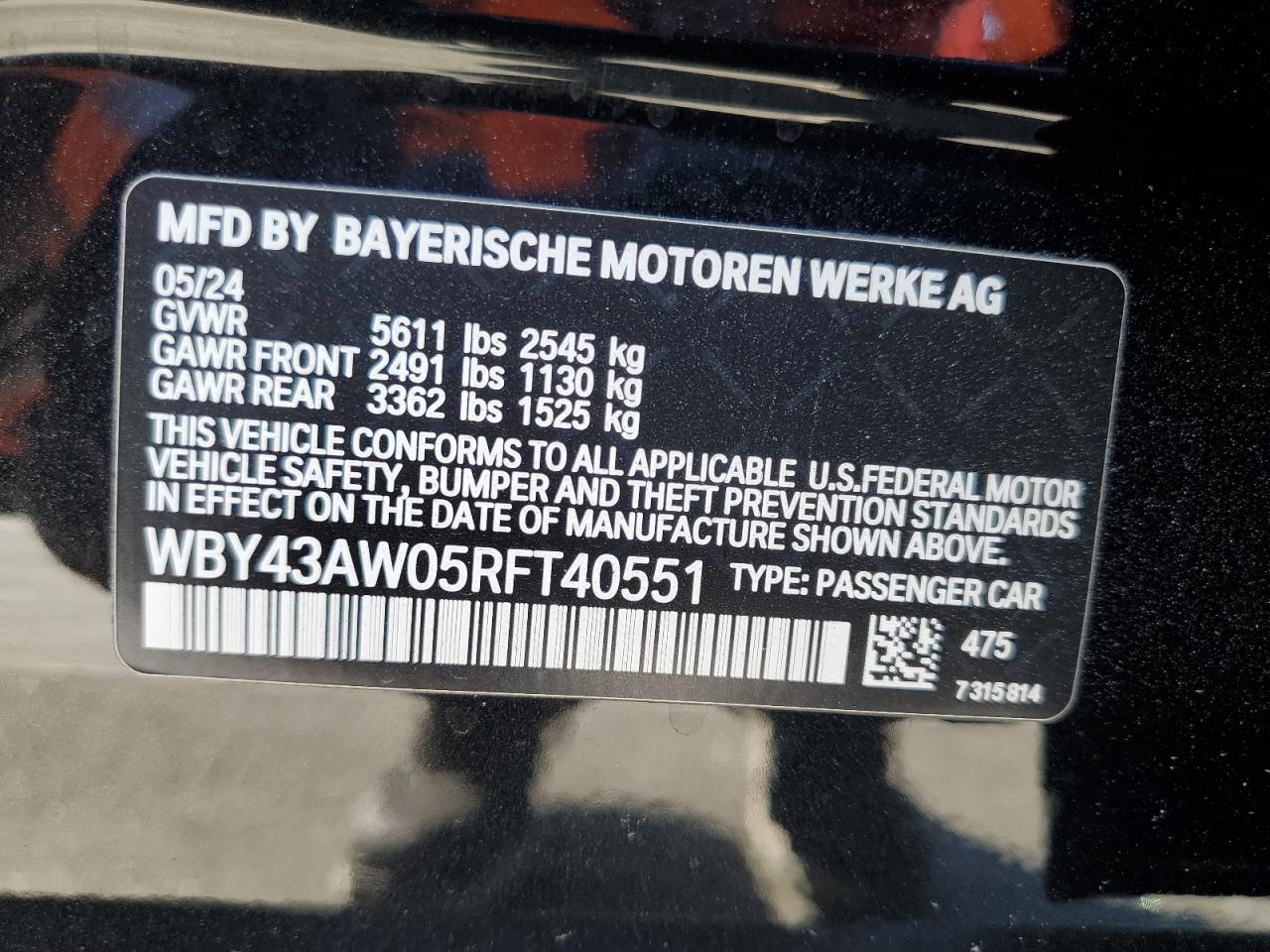 2024 BMW I4 Edrive 35 VIN: WBY43AW05RFT40551 Lot: 56559115