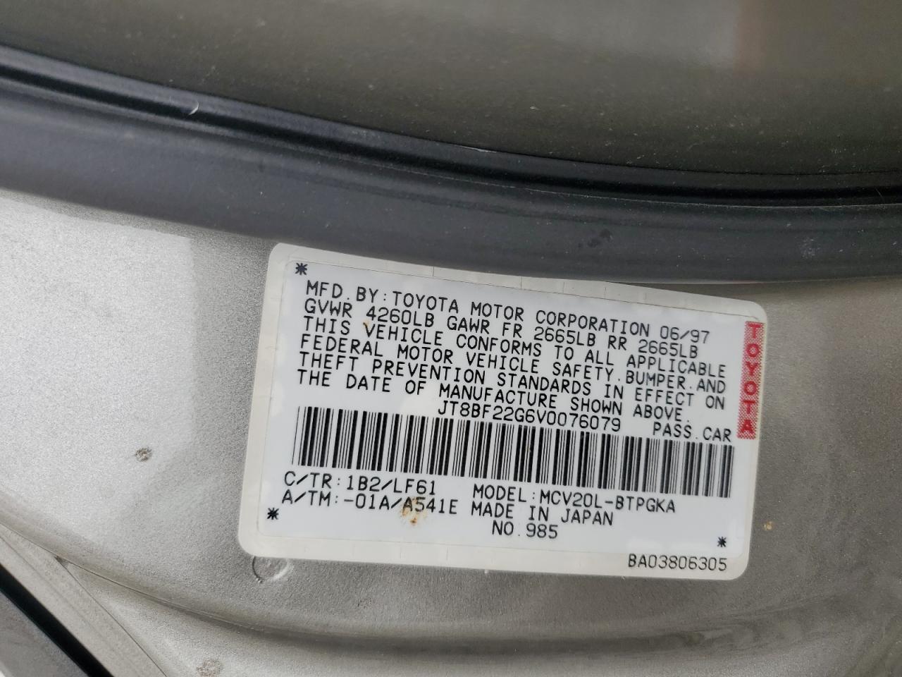1997 Lexus Es 300 VIN: JT8BF22G6V0076079 Lot: 58185865