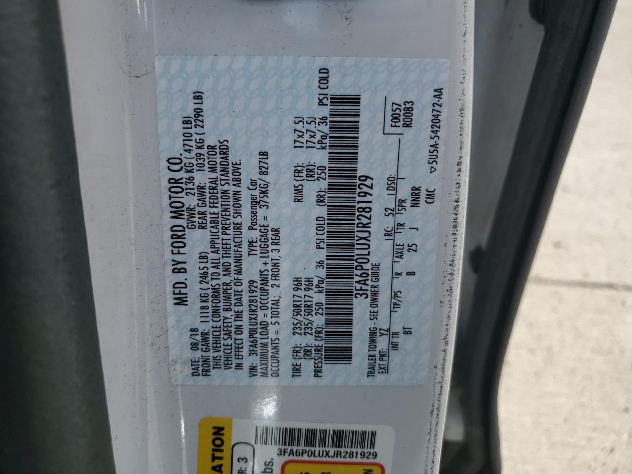 2018 Ford Fusion Se Hybrid VIN: 3FA6P0LUXJR281929 Lot: 55085125