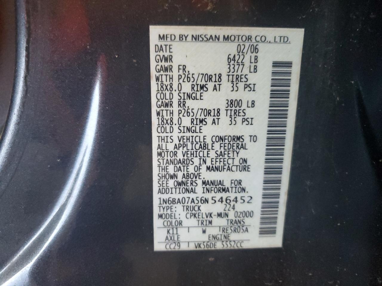 2006 Nissan Titan Xe VIN: 1N6BA07A56N546452 Lot: 56642845