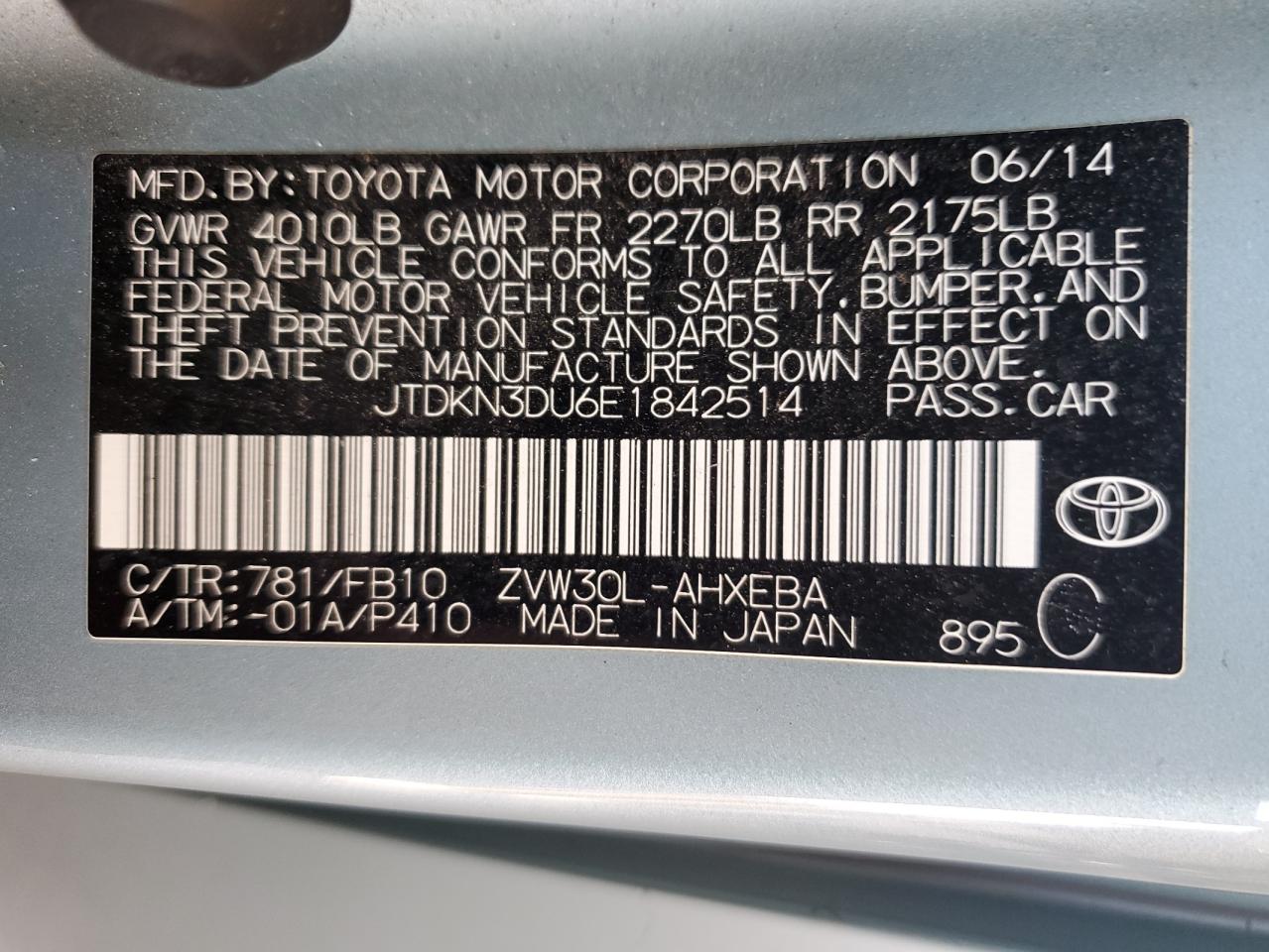 2014 Toyota Prius VIN: JTDKN3DU6E1842514 Lot: 57185995