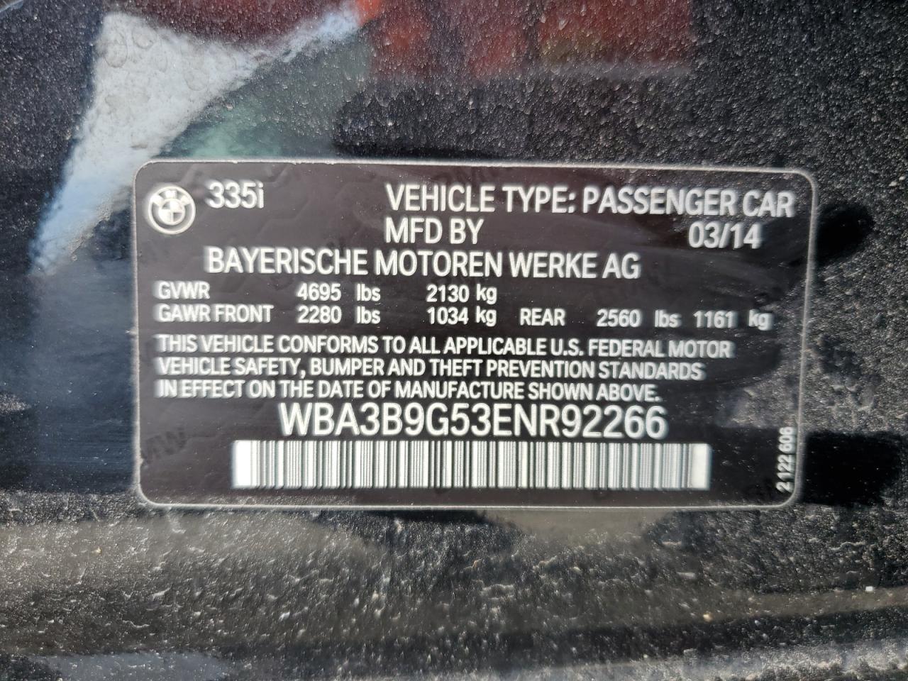 2014 BMW 335 Xi VIN: WBA3B9G53ENR92266 Lot: 58800785