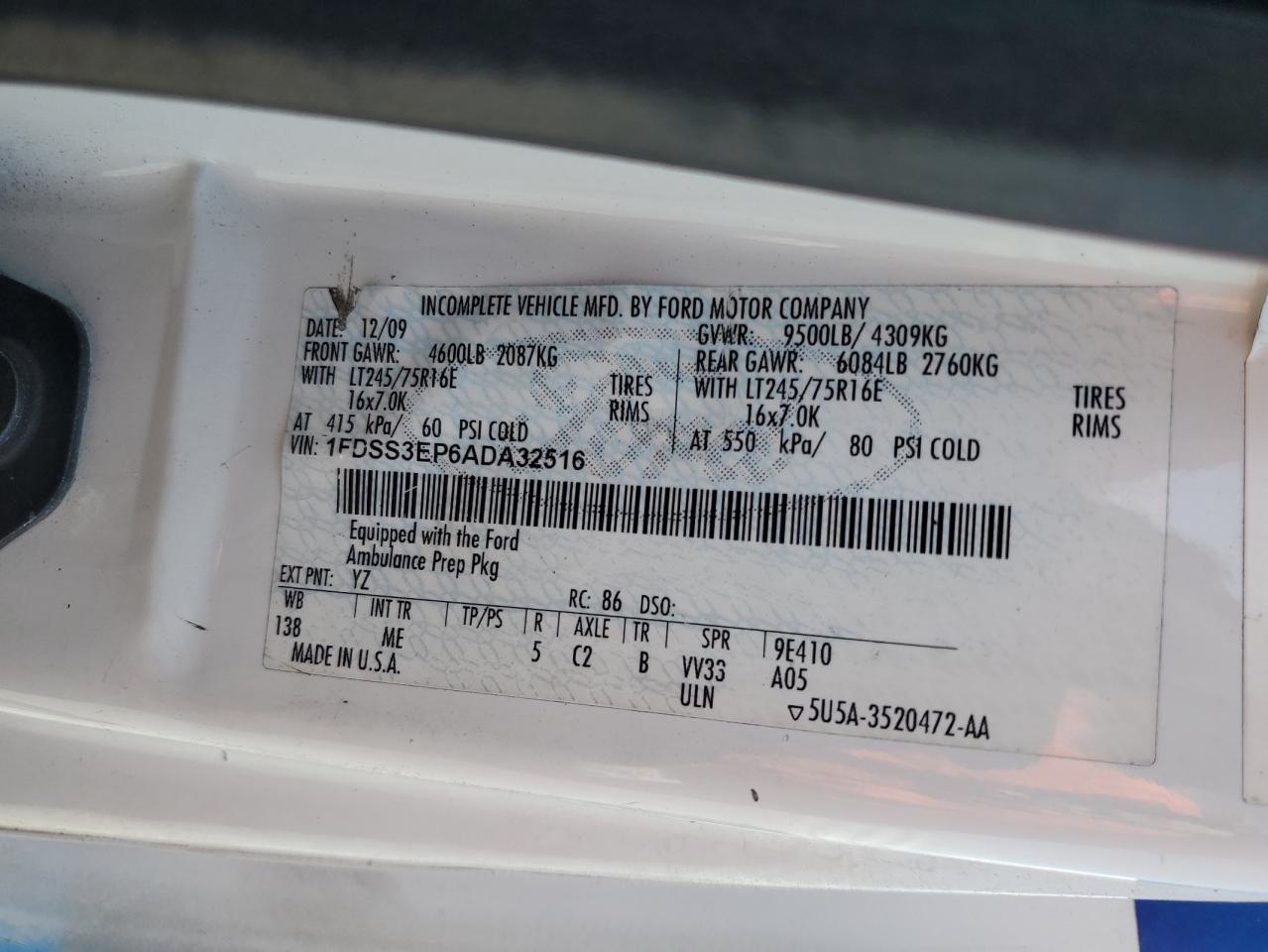 2010 Ford Econoline E350 Super Duty Van VIN: 1FDSS3EP6ADA32516 Lot: 58853225