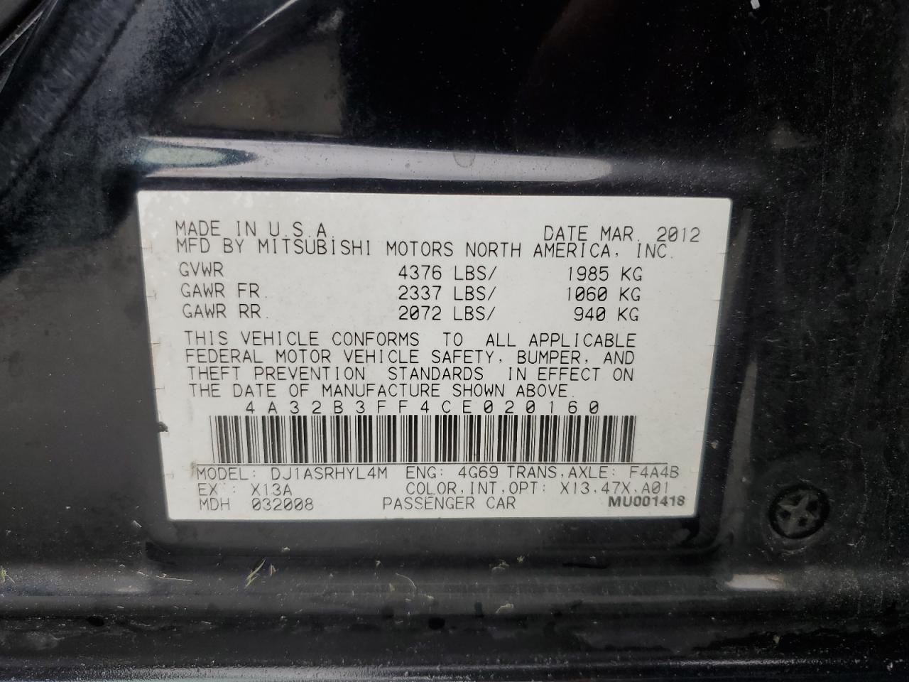 2012 Mitsubishi Galant Es VIN: 4A32B3FF4CE020160 Lot: 56312205