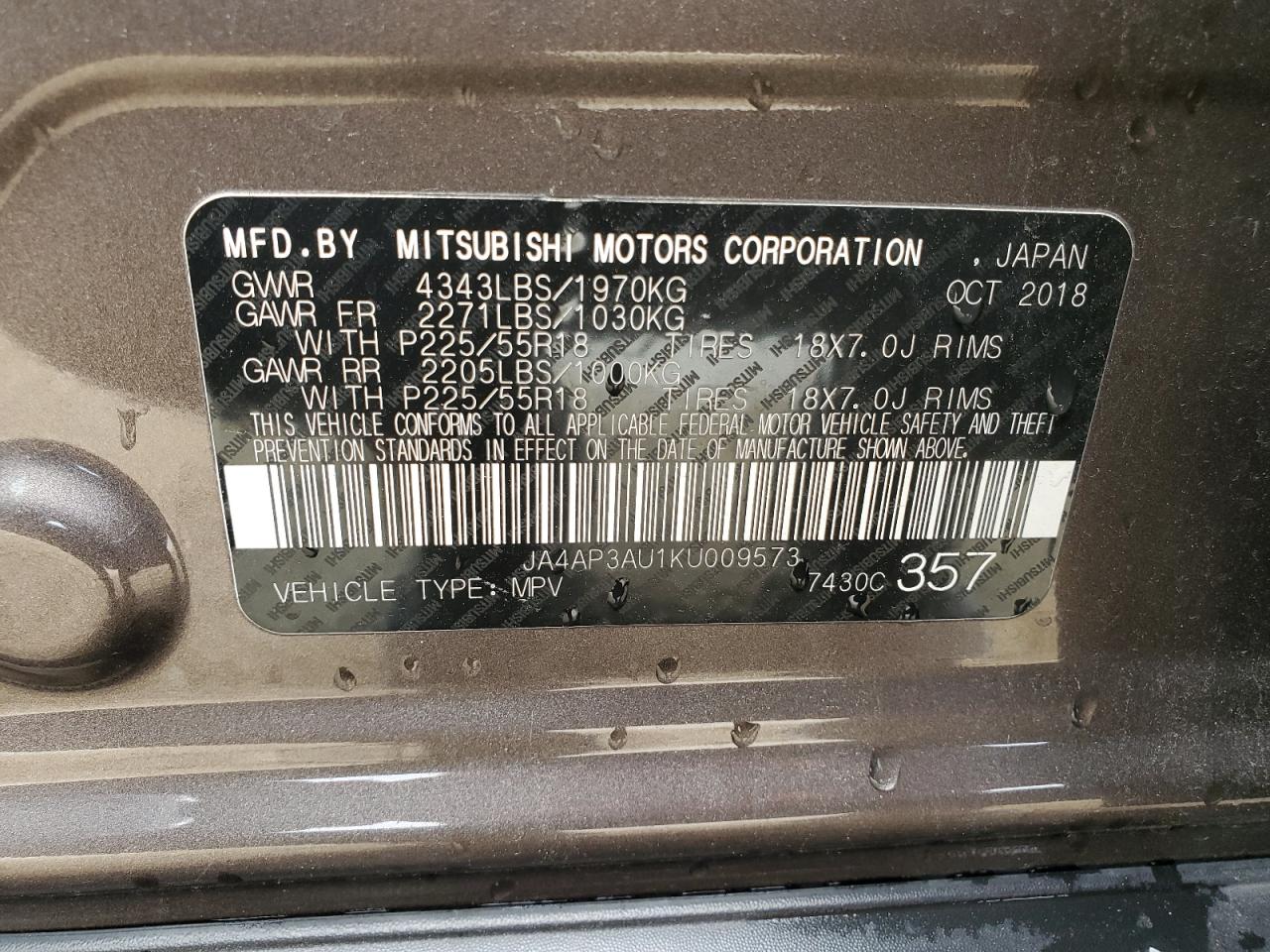 2019 Mitsubishi Outlander Sport Es VIN: JA4AP3AU1KU009573 Lot: 58301045