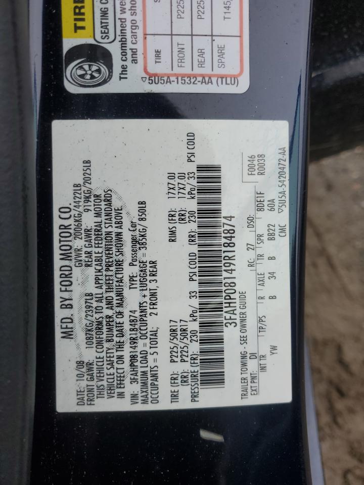 2009 Ford Fusion Sel VIN: 3FAHP08149R184874 Lot: 57251645