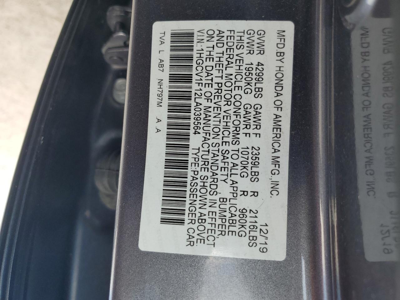 2020 Honda Accord Lx VIN: 1HGCV1F12LA039564 Lot: 56378235