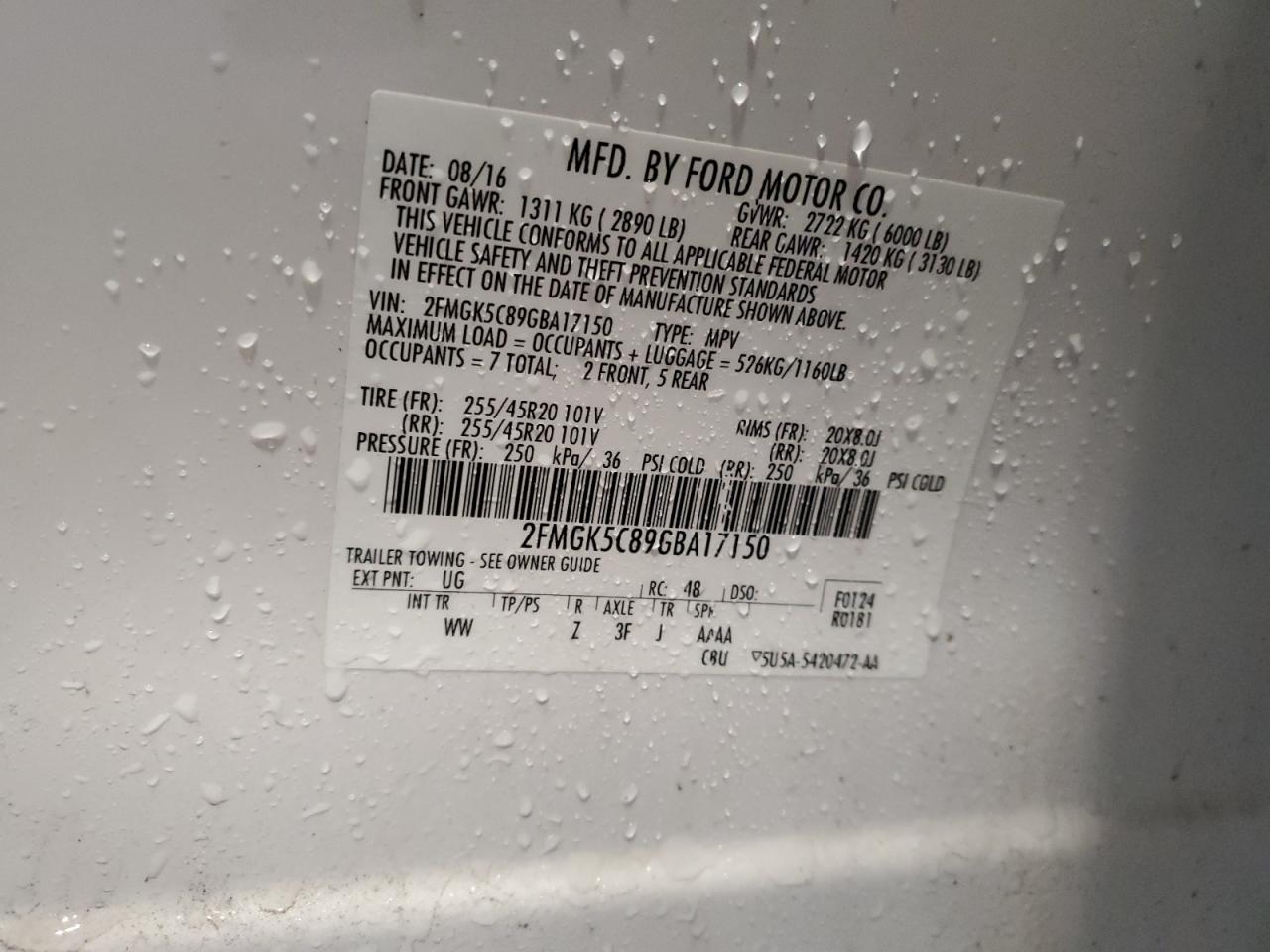 2016 Ford Flex Sel VIN: 2FMGK5C89GBA17150 Lot: 58924275