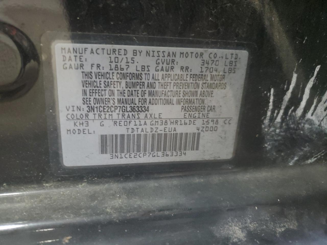 2016 Nissan Versa Note S VIN: 3N1CE2CP7GL363334 Lot: 56829615
