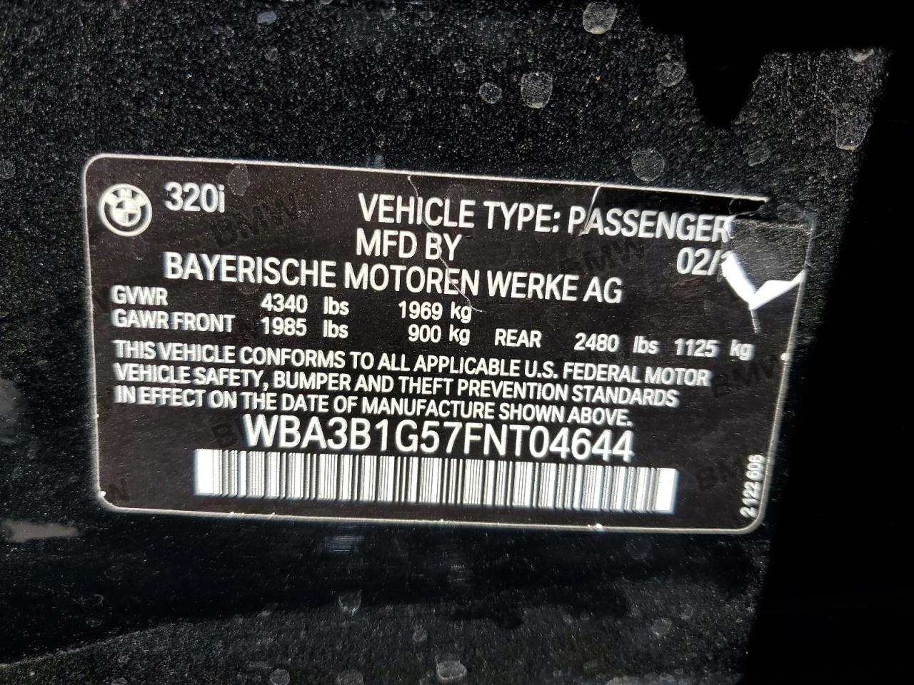 2015 BMW 320 I VIN: WBA3B1G57FNT04644 Lot: 56765905