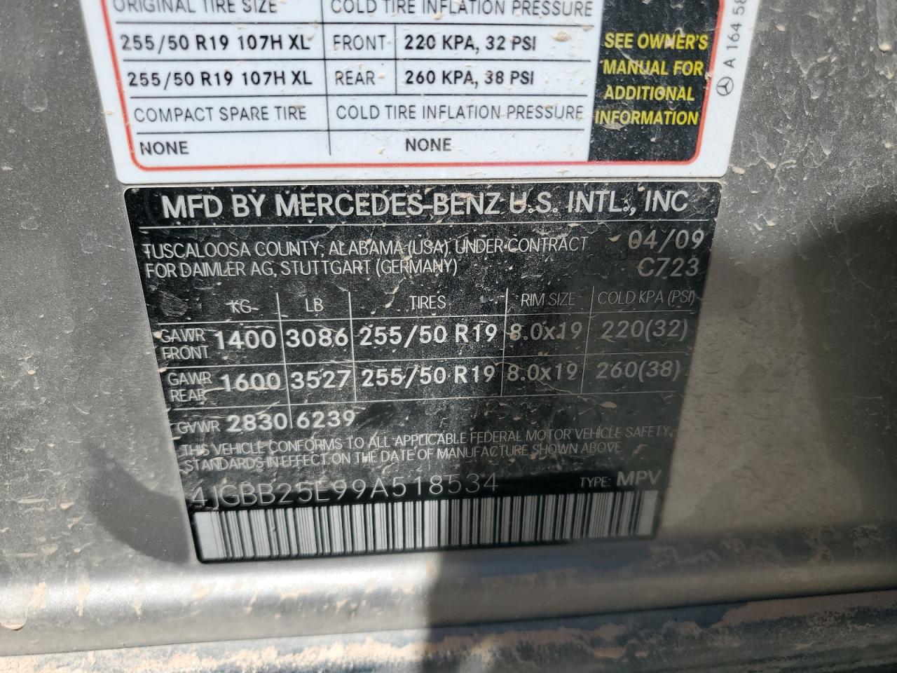 2009 Mercedes-Benz Ml VIN: 4JGBB25E99A518534 Lot: 58096415