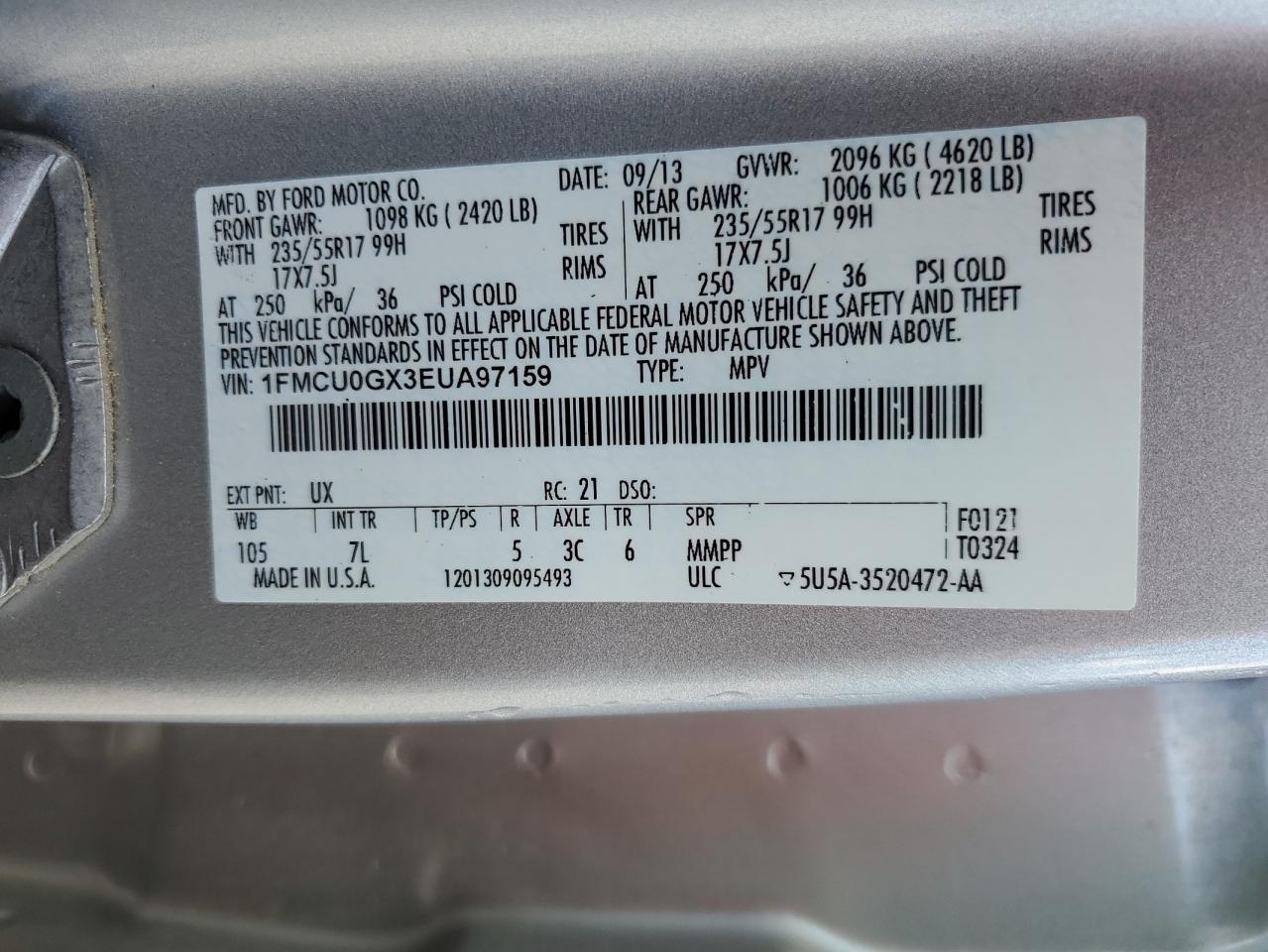 2014 Ford Escape Se VIN: 1FMCU0GX3EUA97159 Lot: 56949375