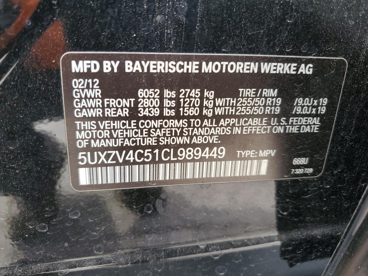 2012 BMW X5 xDrive35I VIN: 5UXZV4C51CL989449 Lot: 56762095