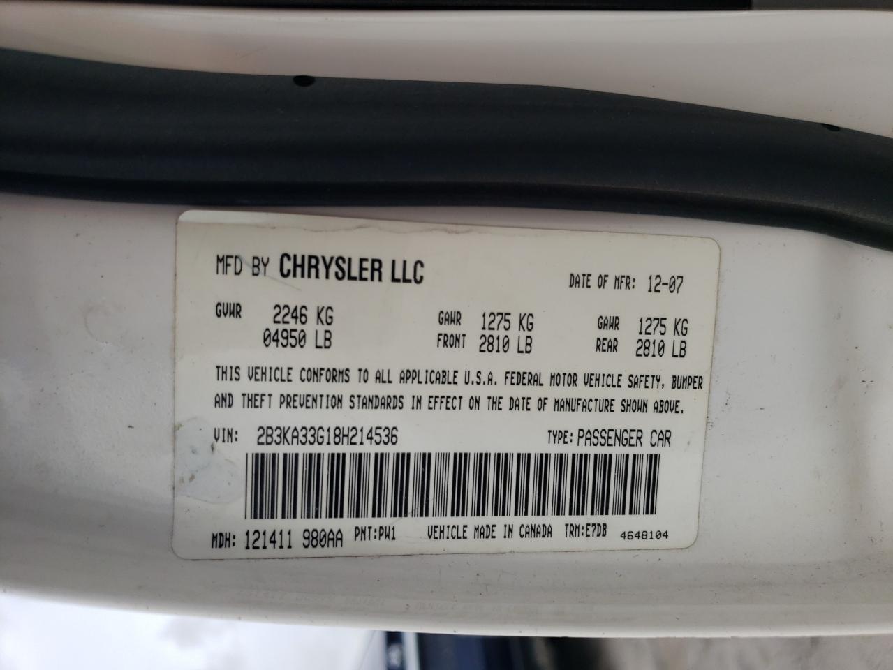2008 Dodge Charger Sxt VIN: 2B3KA33G18H214536 Lot: 54944975