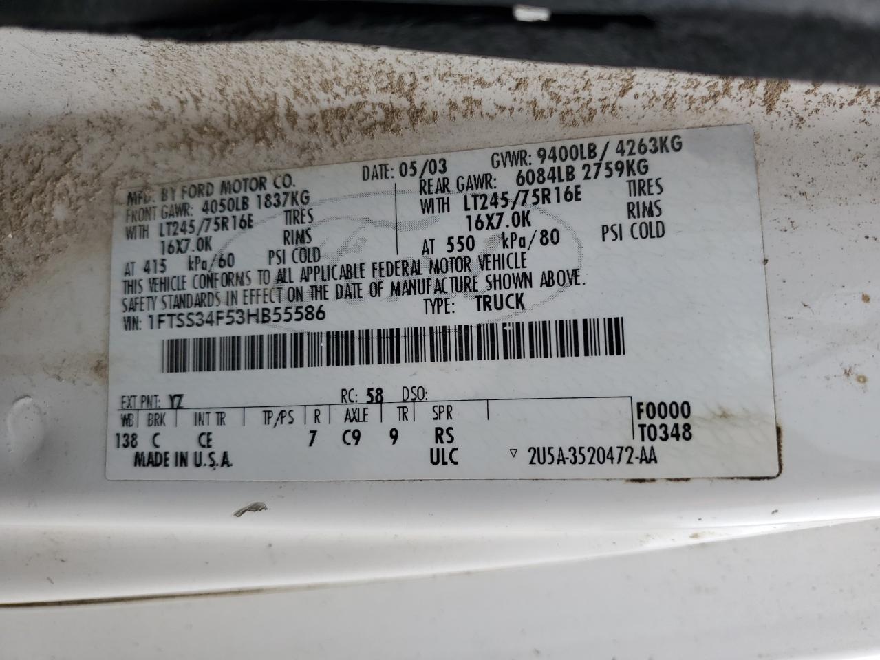 2003 Ford Econoline E350 Super Duty Van VIN: 1FTSS34F53HB55586 Lot: 56513655