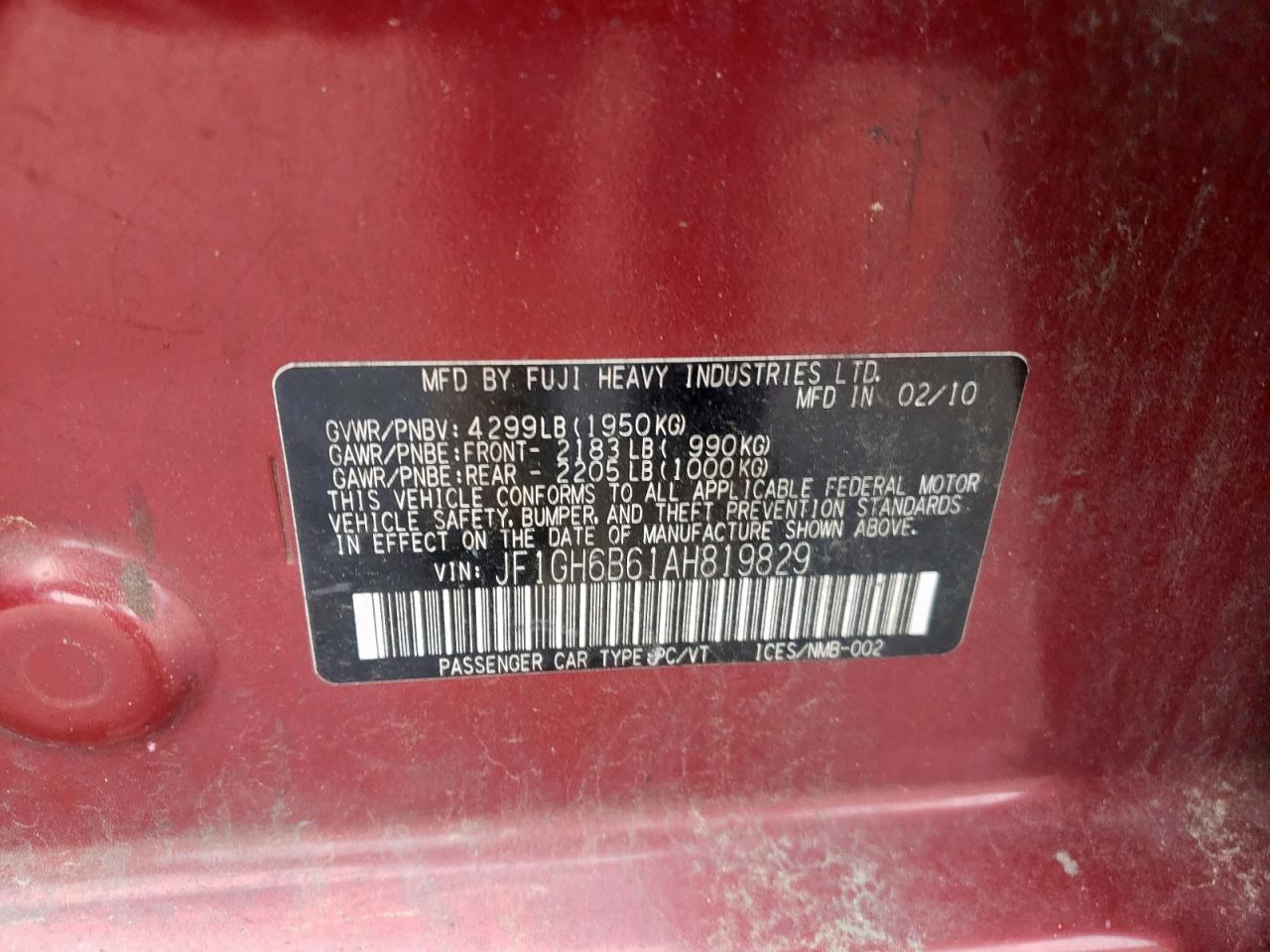 2010 Subaru Impreza 2.5I Premium VIN: JF1GH6B61AH819829 Lot: 58820965