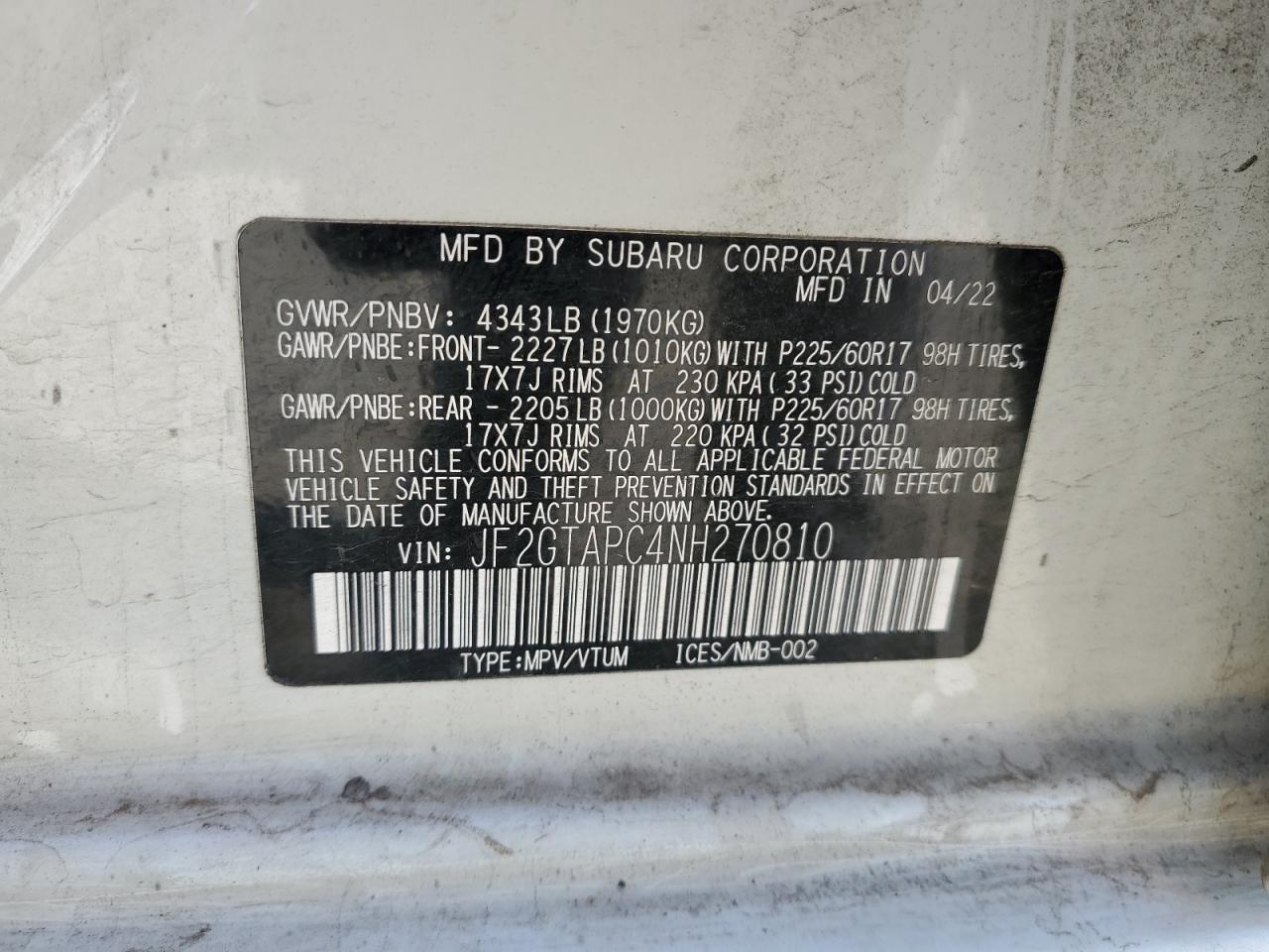 2022 Subaru Crosstrek Premium VIN: JF2GTAPC4NH270810 Lot: 56561795