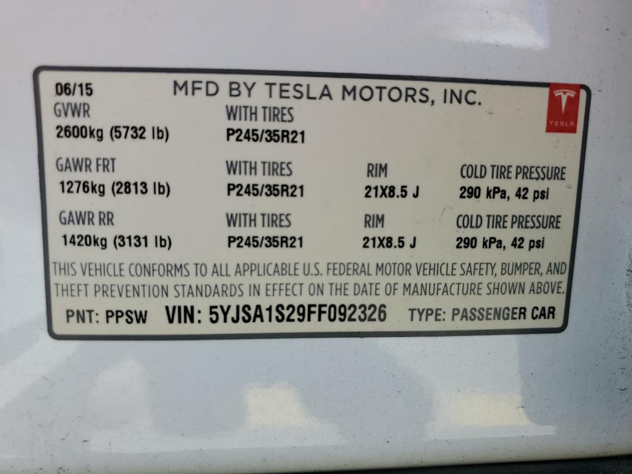 2015 Tesla Model S 70D VIN: 5YJSA1S29FF092326 Lot: 56915105