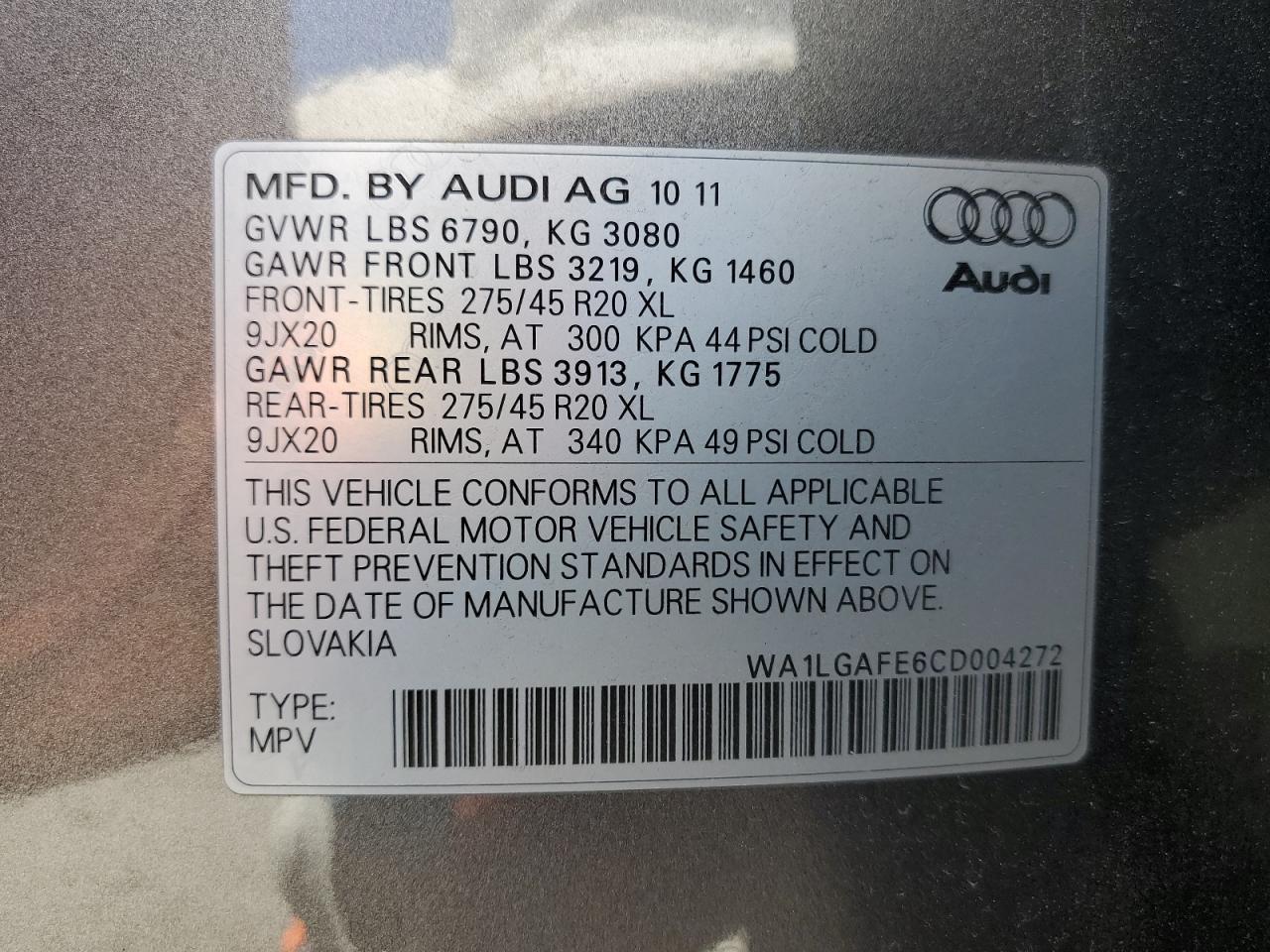 2012 Audi Q7 Premium Plus VIN: WA1LGAFE6CD004272 Lot: 57313835