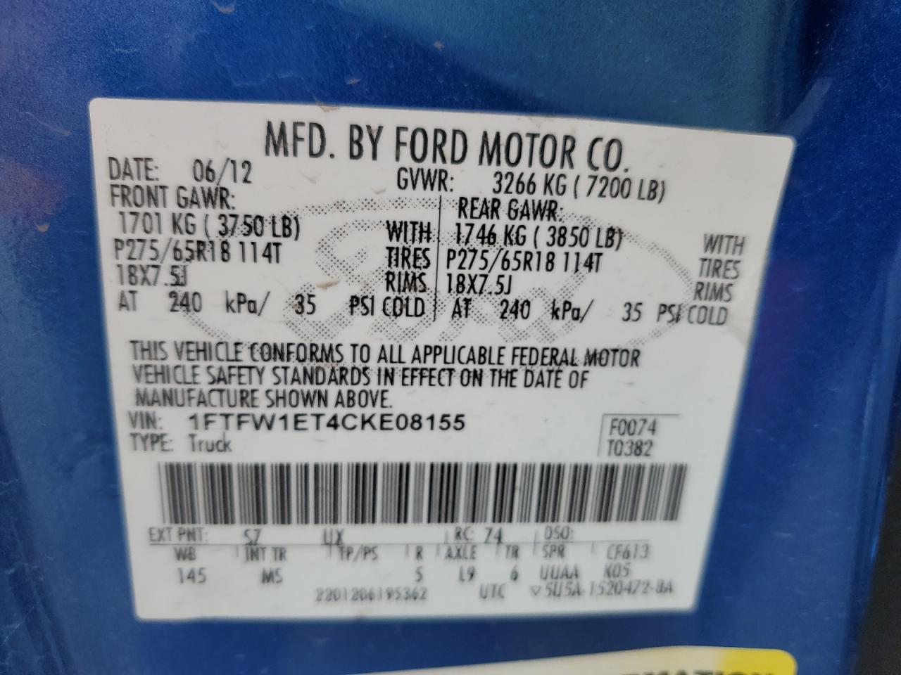 2012 Ford F150 Supercrew VIN: 1FTFW1ET4CKE08155 Lot: 56192935