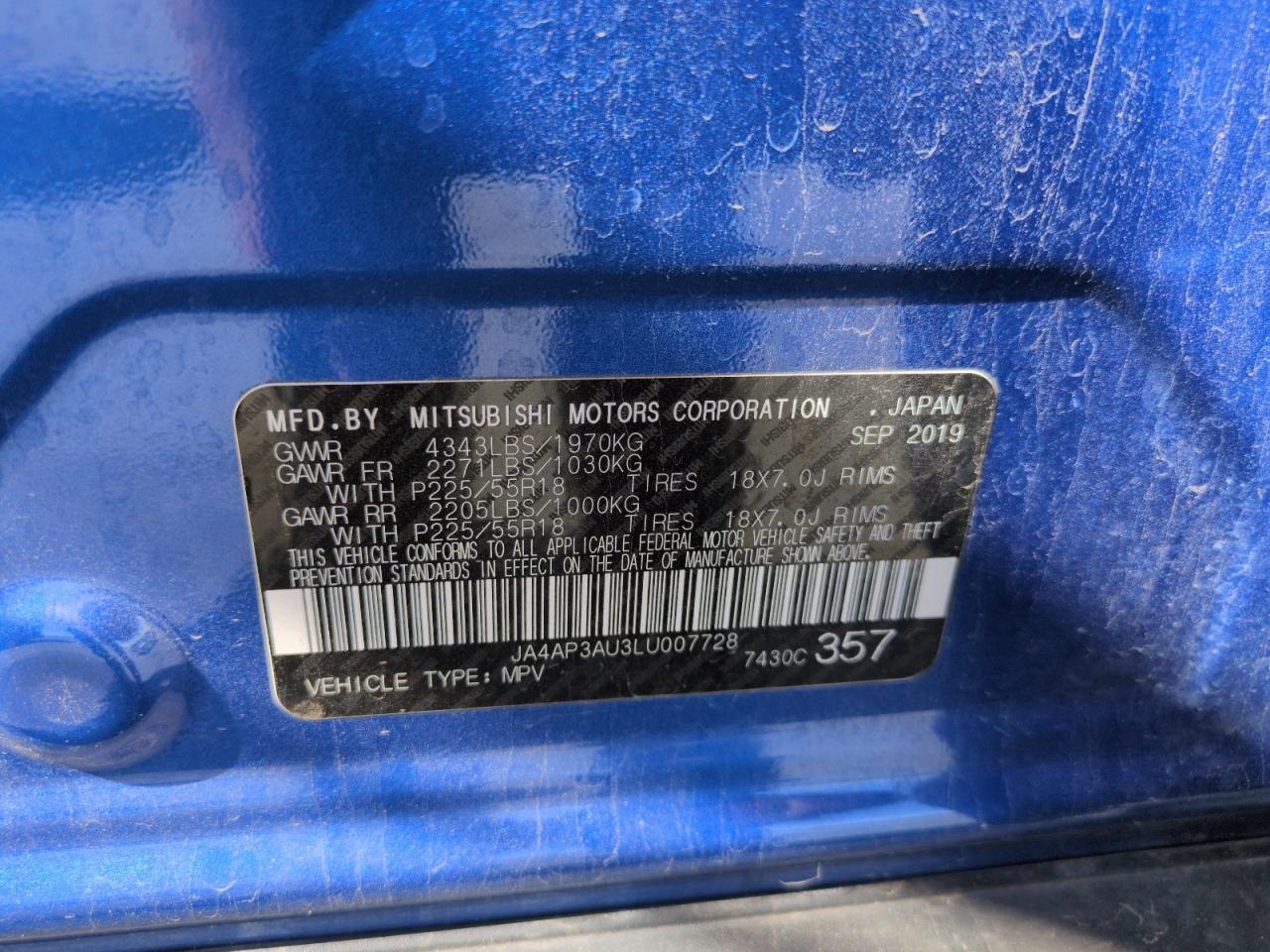 2020 Mitsubishi Outlander Sport Es VIN: JA4AP3AU3LU007728 Lot: 57160025