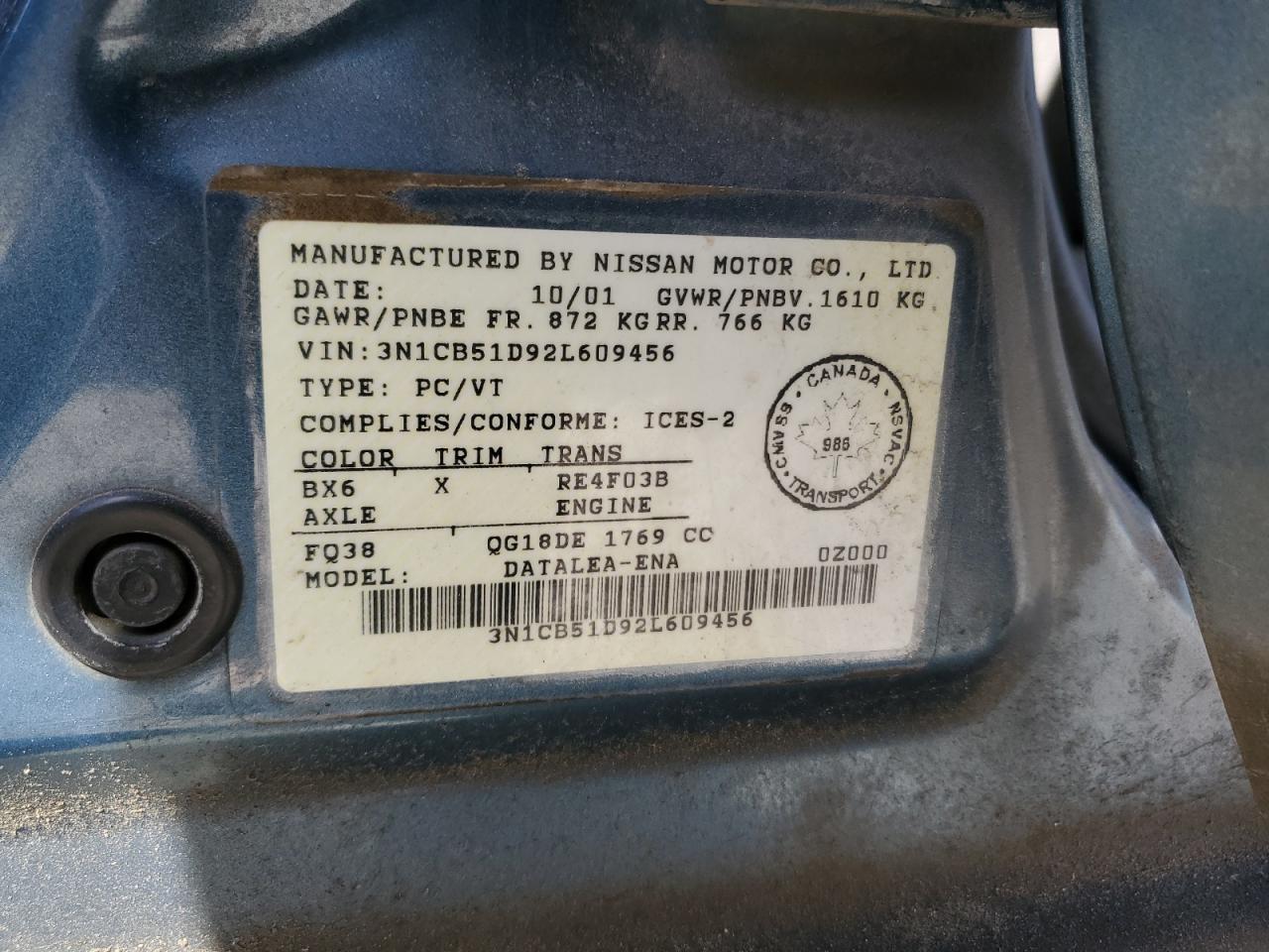 2002 Nissan Sentra Xe VIN: 3N1CB51D92L609456 Lot: 54300985