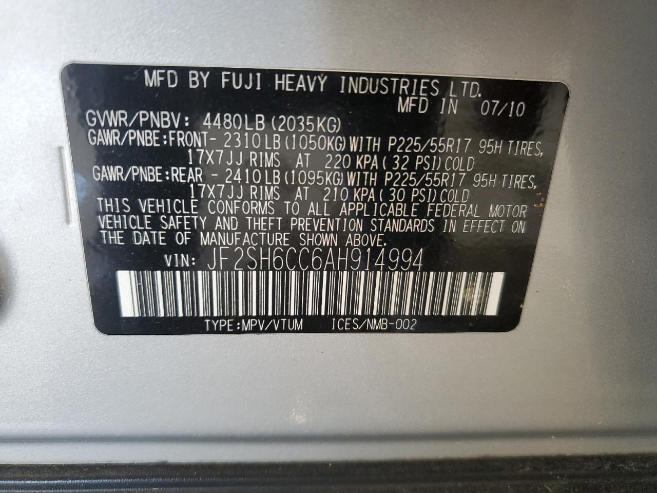 2010 Subaru Forester 2.5X Premium VIN: JF2SH6CC6AH914994 Lot: 56258065