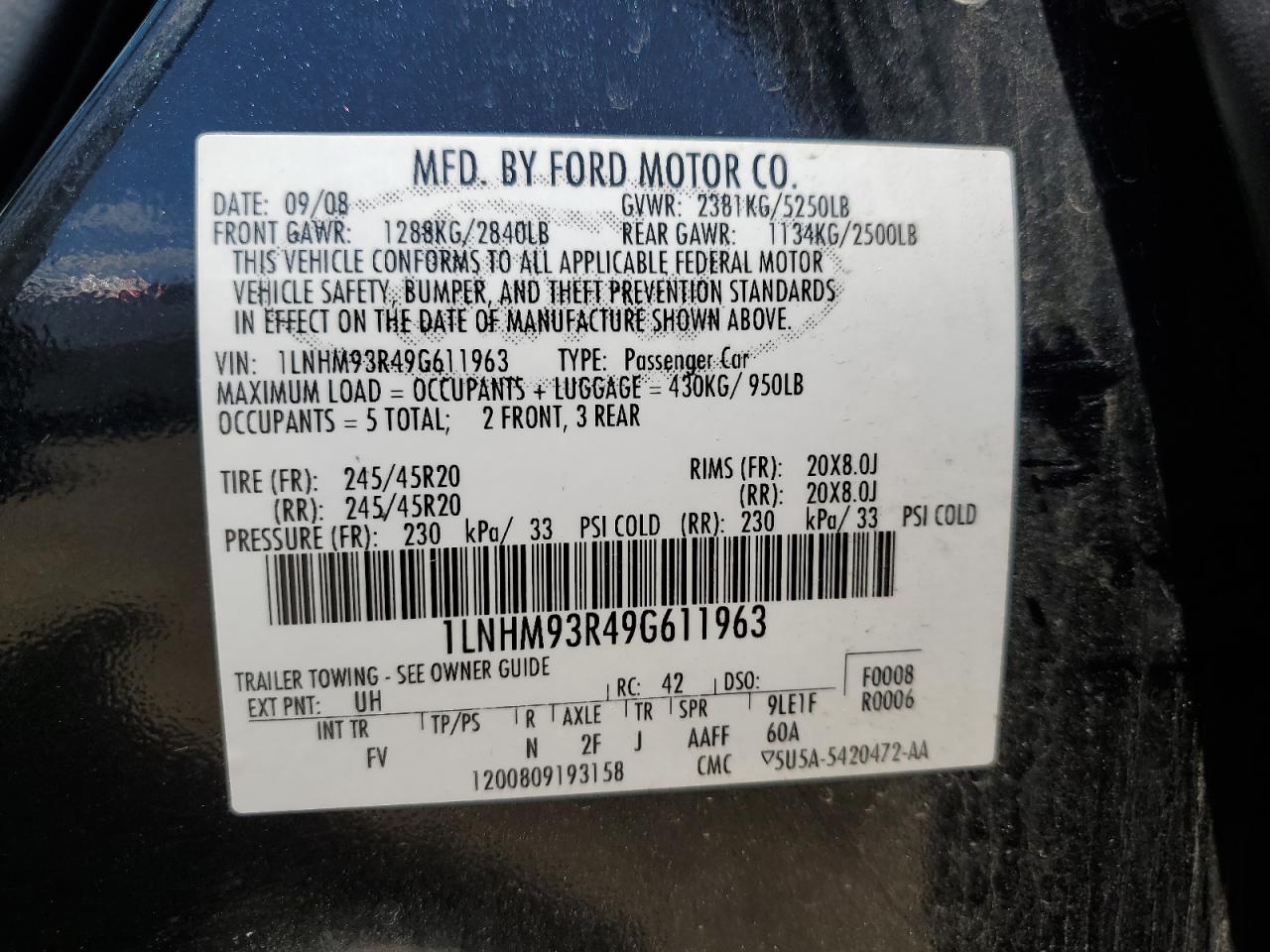 2009 Lincoln Mks VIN: 1LNHM93R49G611963 Lot: 58201715