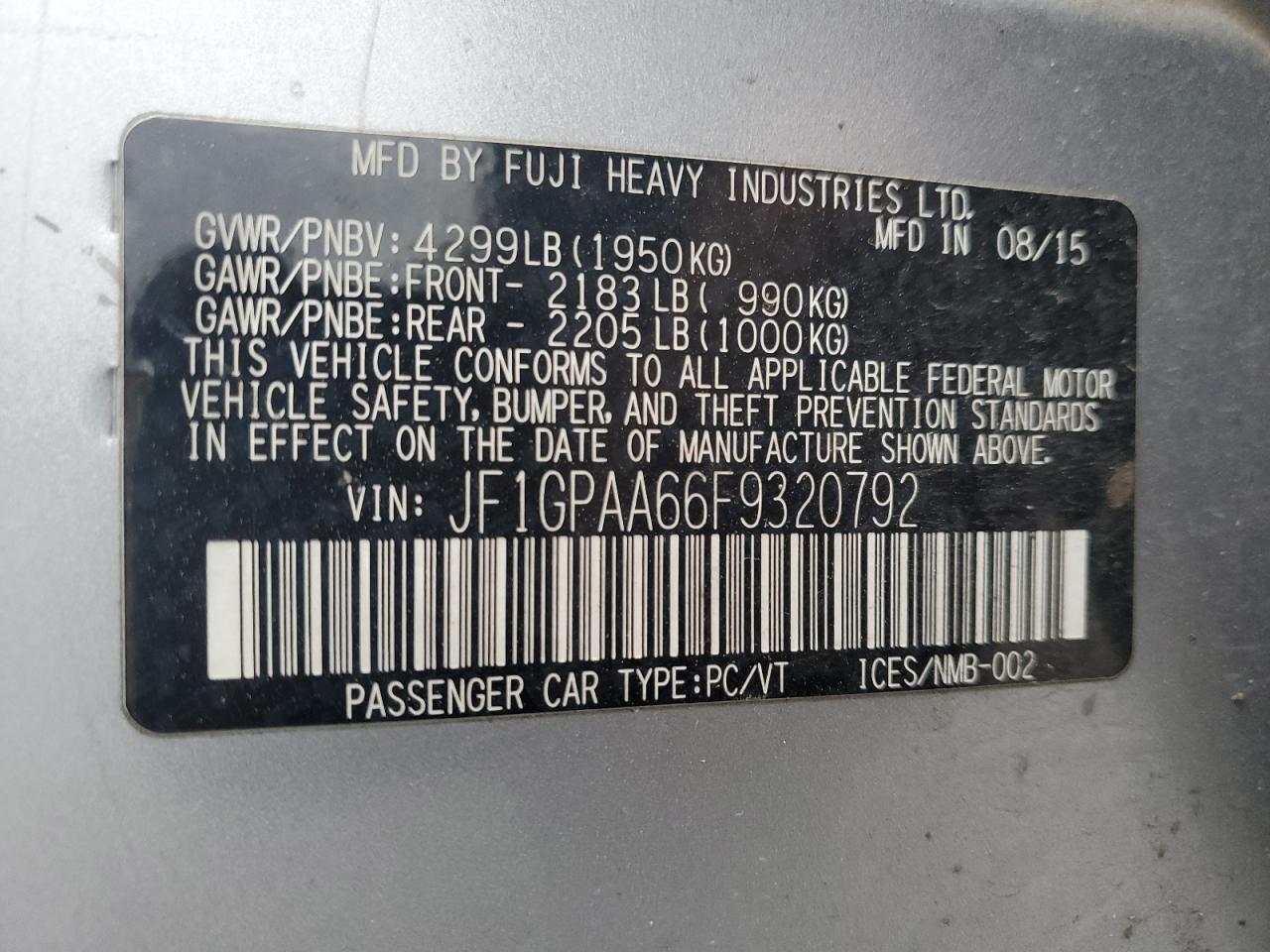 2015 Subaru Impreza VIN: JF1GPAA66F9320792 Lot: 55899035